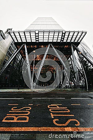 Bust stop sign and The Leadenhall Building, financial district, City of London Stock Photo