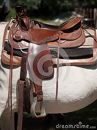 Western leather saddle on a white horse. Stock Photo