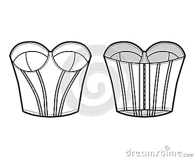 Bustier longline corsetry bra lingerie technical fashion illustration with molded cup, bones, hook-and-eye closure. Flat Cartoon Illustration