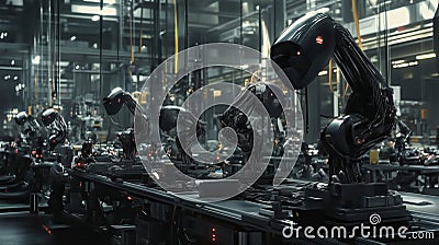 Advanced robotic assembly line in a futuristic factory showcasing intricate machinery and automated processes at Stock Photo