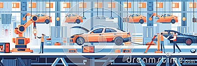 A bustling car assembly line with workers and robots collaborating to build vehicles. Generative AI Stock Photo
