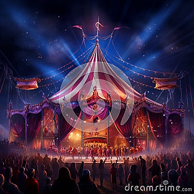Bustling Circus Scene with Gravity-Defying Acts Stock Photo