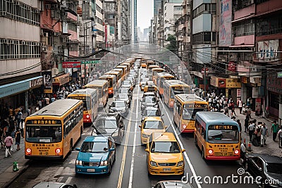 A bustling city street with colorful taxis and buses weaving through traffic. Stock Photo