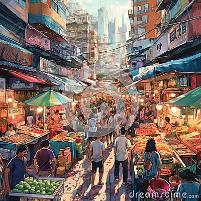 Bustling and Colorful Market Filled with Vendors and Shoppers Stock Photo