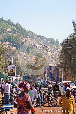 Bustling crowds amid shops in main intersection of downtown Kigali in Rwanda Editorial Stock Photo