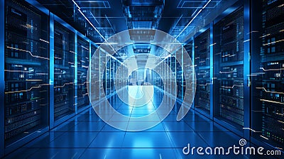 A bustling data center with rows of servers, showcasing the vast amount of information stored and processed in today Cartoon Illustration
