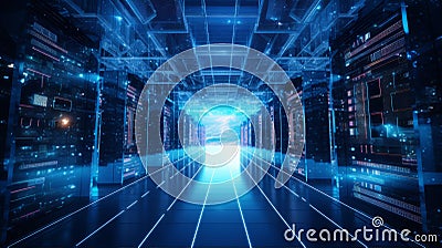 A bustling data center with rows of servers, showcasing the vast amount of information stored and processed in today Cartoon Illustration