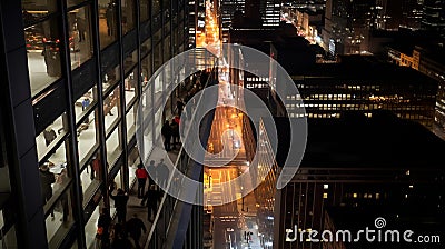 A bustling downtown cityscape at night, featuring a lively street scene filled with pedestrians, Cartoon Illustration