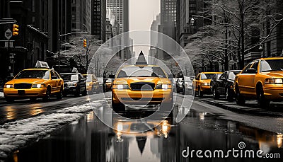 Bustling downtown new york city street with yellow taxis in motion, captured in 16k super quality Stock Photo