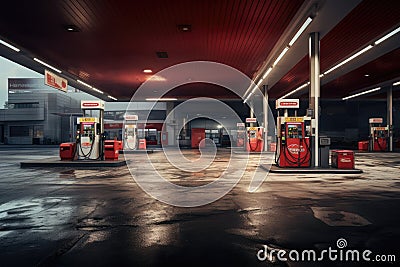 A bustling gas station brimming with a multitude of gas pumps ready to cater to fuel needs., Modern gas station, AI Generated Stock Photo