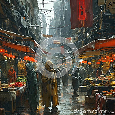 Vibrant Futuristic Marketplace Stock Photo