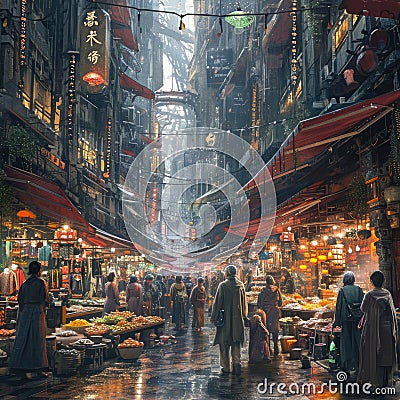 Vibrant Futuristic Marketplace Stock Photo