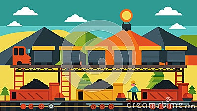 A bustling loading station with multiple hoppers lined up on train tracks each being filled with coal by workers with Vector Illustration