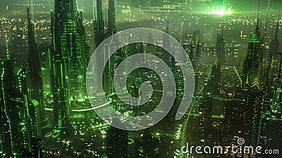 A bustling metropolis bathed in an ethereal green glow powered entirely by renewable energy sources. Stock Photo