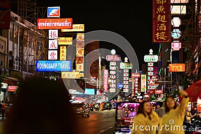 Night Scene of Tourists Visiting Yaowarat Road or Chinatown Bangkok Editorial Stock Photo