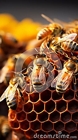 Bustling scene closeup of beehive, worker bees busy gathering nectar with vibrant energy Stock Photo