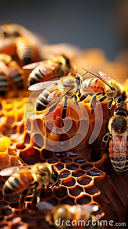 Bustling scene closeup of beehive, worker bees busy gathering nectar with vibrant energy Stock Photo