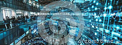 A bustling stock exchange floor with data streams connecting traders' screens generated by AI Stock Photo