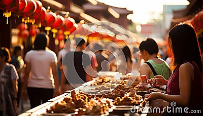 Bustling street adorned with red lanterns, showcasing vibrant chinese new year celebration Stock Photo