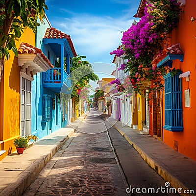 Bustling Street in Cartagena, Colombia Stock Photo