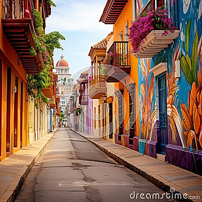 Bustling Street in Cartagena with Vibrant Colors and Lively Characters Stock Photo
