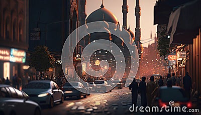 Bustling street of eastern town. Mosque, cars and people. Generative AI Stock Photo