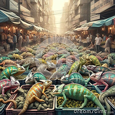 A bustling street market filter on a group of chameleons in a Stock Photo