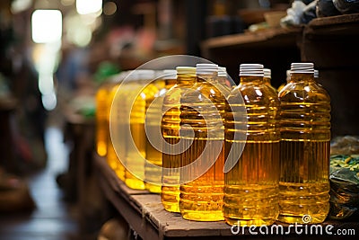 At the bustling street market, vegetable oil is a sought after commodity for sale Stock Photo