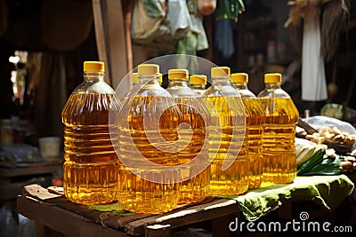 At the bustling street market, vegetable oil is a sought after commodity for sale Stock Photo