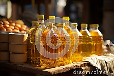 At the bustling street market, vegetable oil is a sought after commodity for sale Stock Photo