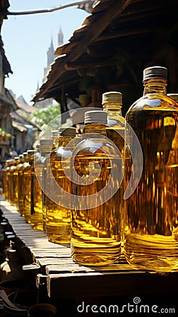 At the bustling street market, vegetable oil is a sought after commodity for sale Stock Photo