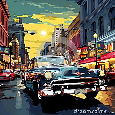 Bustling Street Scene in Retro-Inspired Art Style: The Golden Era Stock Photo