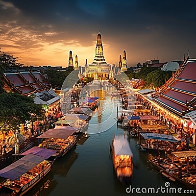 Bustling streets of Bangkok with a mix of spirituality and gastronomy Stock Photo