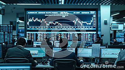 In the bustling trading room, brokers monitored a large screen displaying stock charts and market indices, AI generated Stock Photo