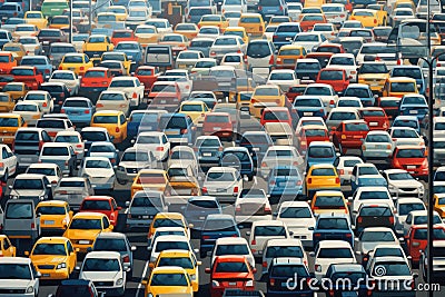 A bustling urban street jam-packed with numerous parked cars creating a scene of congestion, Traffic jam with rows of cars, AI Stock Photo