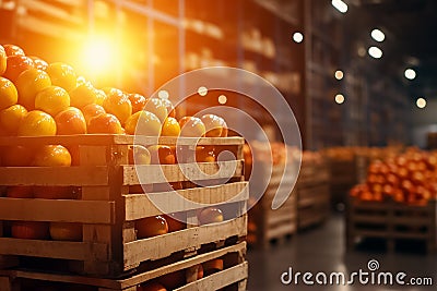 In a bustling warehouse, illuminated by warm light, neatly stacked crates overflow with shiny apples, reflecting a rich Stock Photo