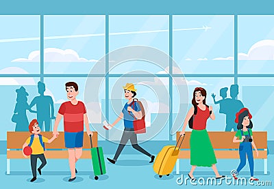 Busy airport terminal. Business travelers, family vacations travel and traveler waiting at airports terminals vector illustration Vector Illustration