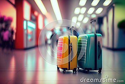 Luggage in airport terminal with airplane in the background. Travel concept Editorial Stock Photo