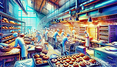 Busy Bakery Interior with Workers and Ovens Stock Photo