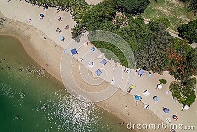 Busy beach goers day between the water and trees Stock Photo