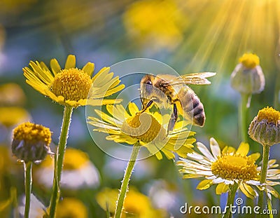 A busy bee buzzes among the bright yellow daisies, spreading pollen from the herbaceous plants as the warm sun shines down on the Stock Photo