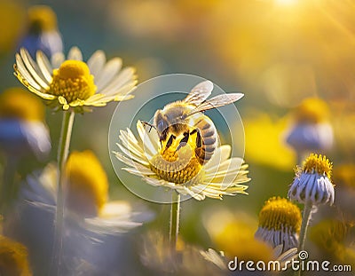 A busy bee buzzes among the bright yellow daisies, spreading pollen from the herbaceous plants as the warm sun shines down on the Stock Photo