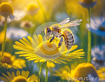 A busy bee buzzes among the bright yellow daisies, spreading pollen from the herbaceous plants as the warm sun shines down on the Stock Photo