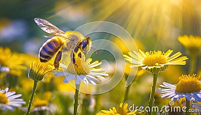 A busy bee buzzes among the bright yellow daisies, spreading pollen from the herbaceous plants as the warm sun shines down on the Stock Photo