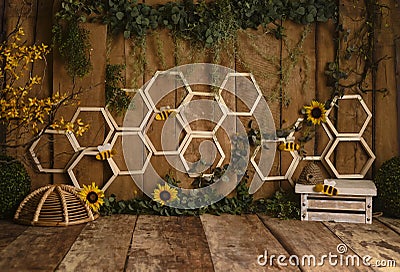 Busy Bee Spring decorations with yellow frlowers and grenery Stock Photo