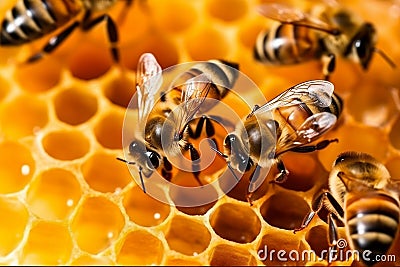 Busy Bees on Honeycomb Honey Production by a Hive, AI Stock Photo