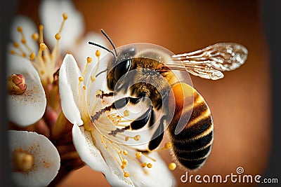 The Busy Bees of Manuka: A Close-Up Look at Honey Collection. Generative Ai Stock Photo