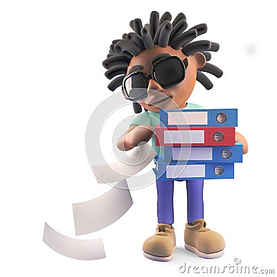 Busy black rasta man with dreadlocks drops files from folders, 3d illustration Cartoon Illustration