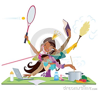 Busy black woman and mother multitask between work and baby Vector Illustration