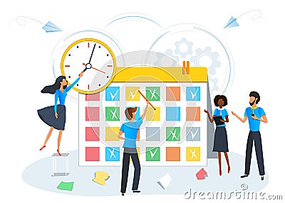 Busy business people planning a meeting with calendar. Colleagues planning events, tasks and appointments using schedule plans. Vector Illustration